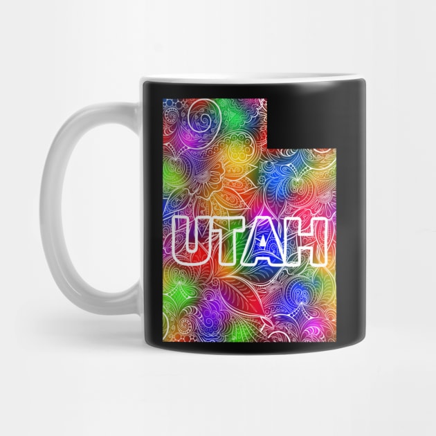 Colorful mandala art map of Utah with text in multicolor pattern by Happy Citizen